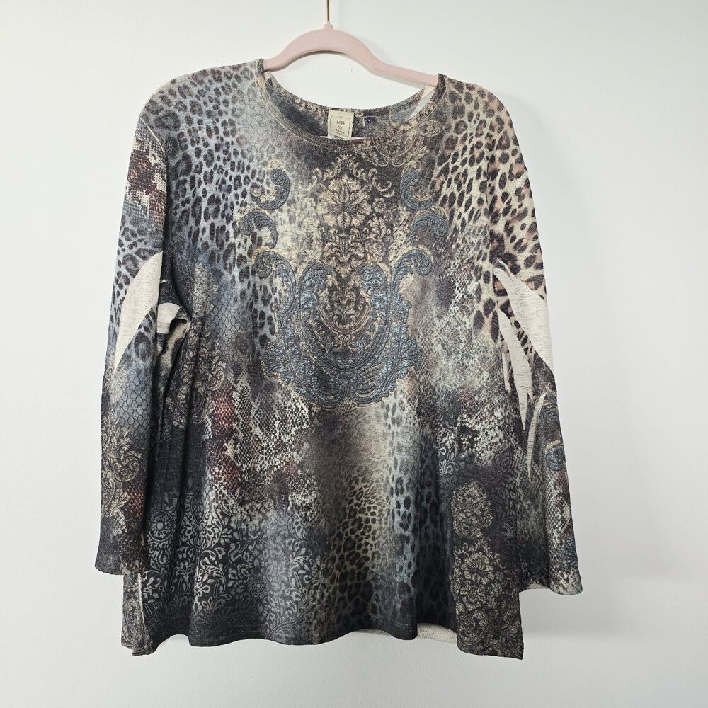 Jess & Jane Mixed Animal multi-print Long sleeve Tunic Top Medallion Artsy Sz 1X